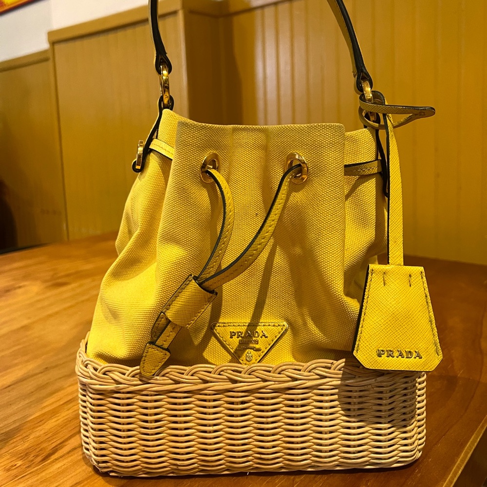 SOLD Authenticated Yellow Prada Plage wicker bucket bag
